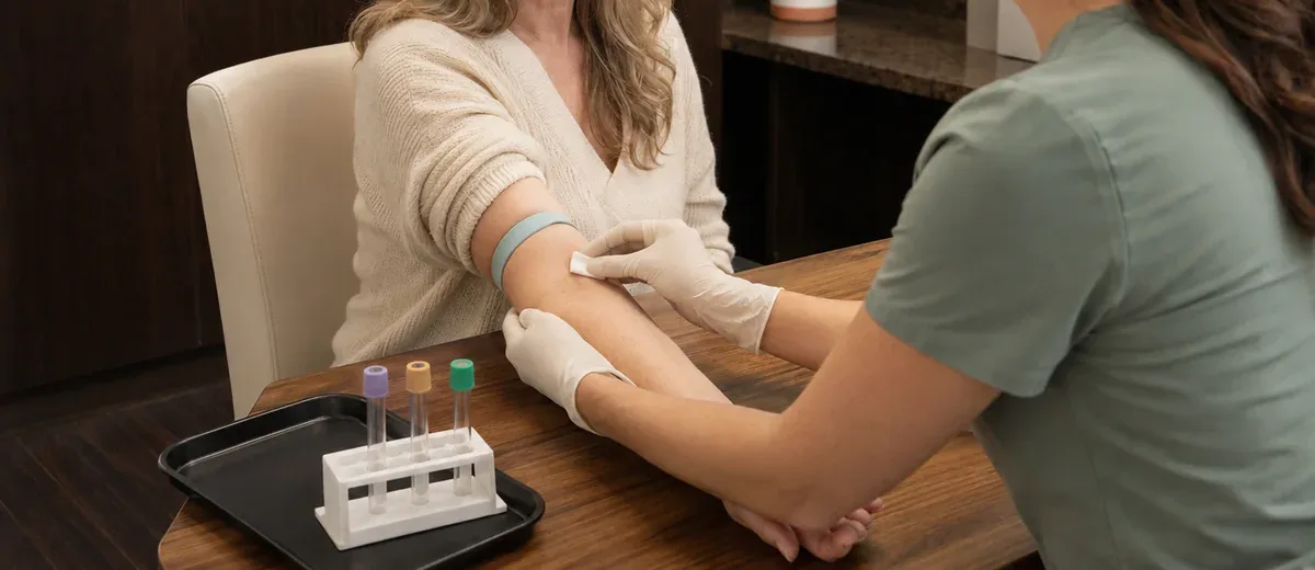 Gauze pressed to a client's arm after a blood draw, sample vials in a rack on the tray