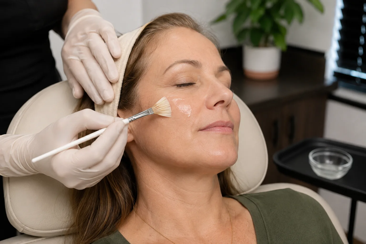 A peel solution applied to a client's cheek with a fan brush