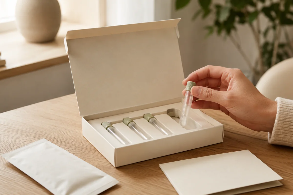 An at-home saliva collection kit open on a desk, six small vials in the tray