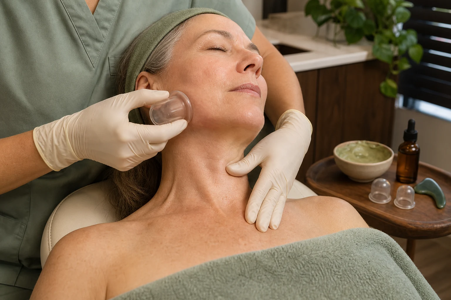 A facial cup and manual lymphatic drainage being used along a client's jaw and neck