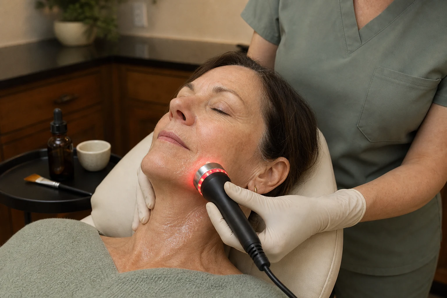 An RF facial handpiece with an LED component being used along a client's jaw with botanical serum