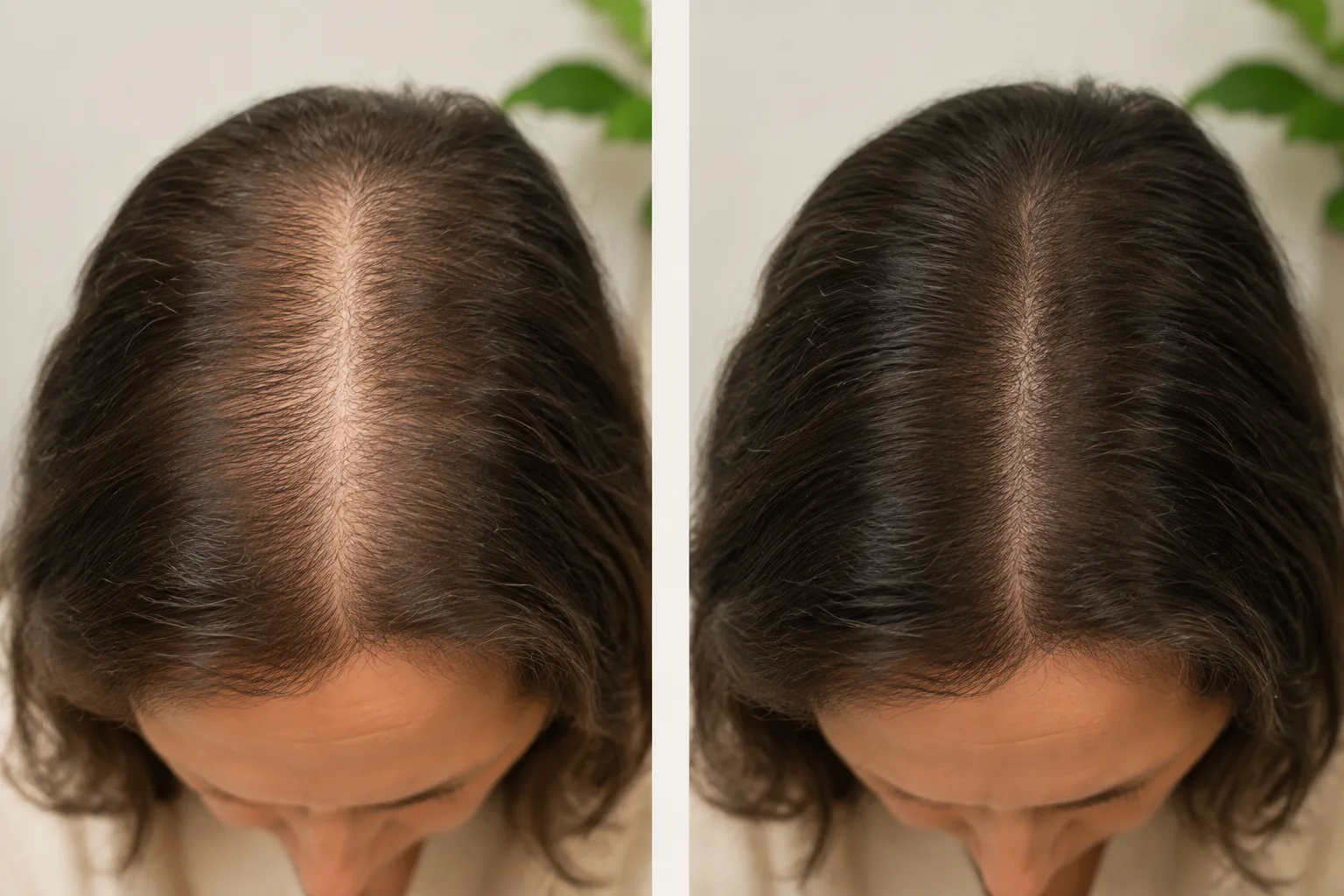 Before and after comparison of hair fullness along a part line