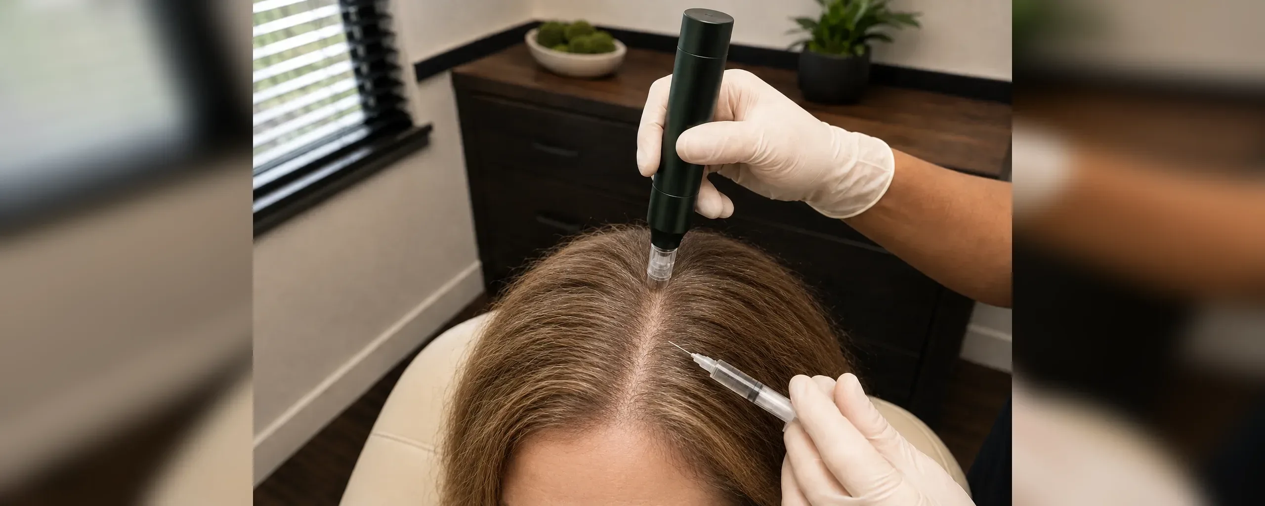 A microneedling pen and a fine syringe at the part of a client's scalp