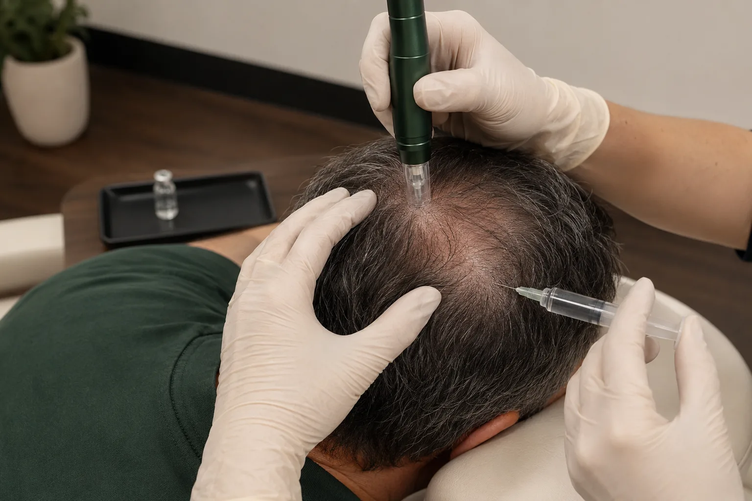 A microneedling pen and syringe at a client's scalp during a hair treatment