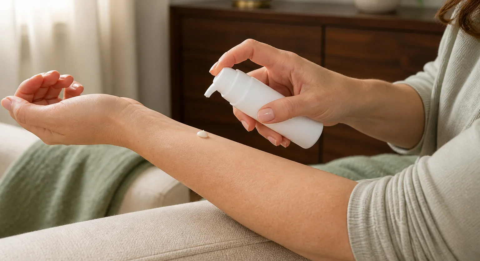 A topical cream being dispensed onto the forearm