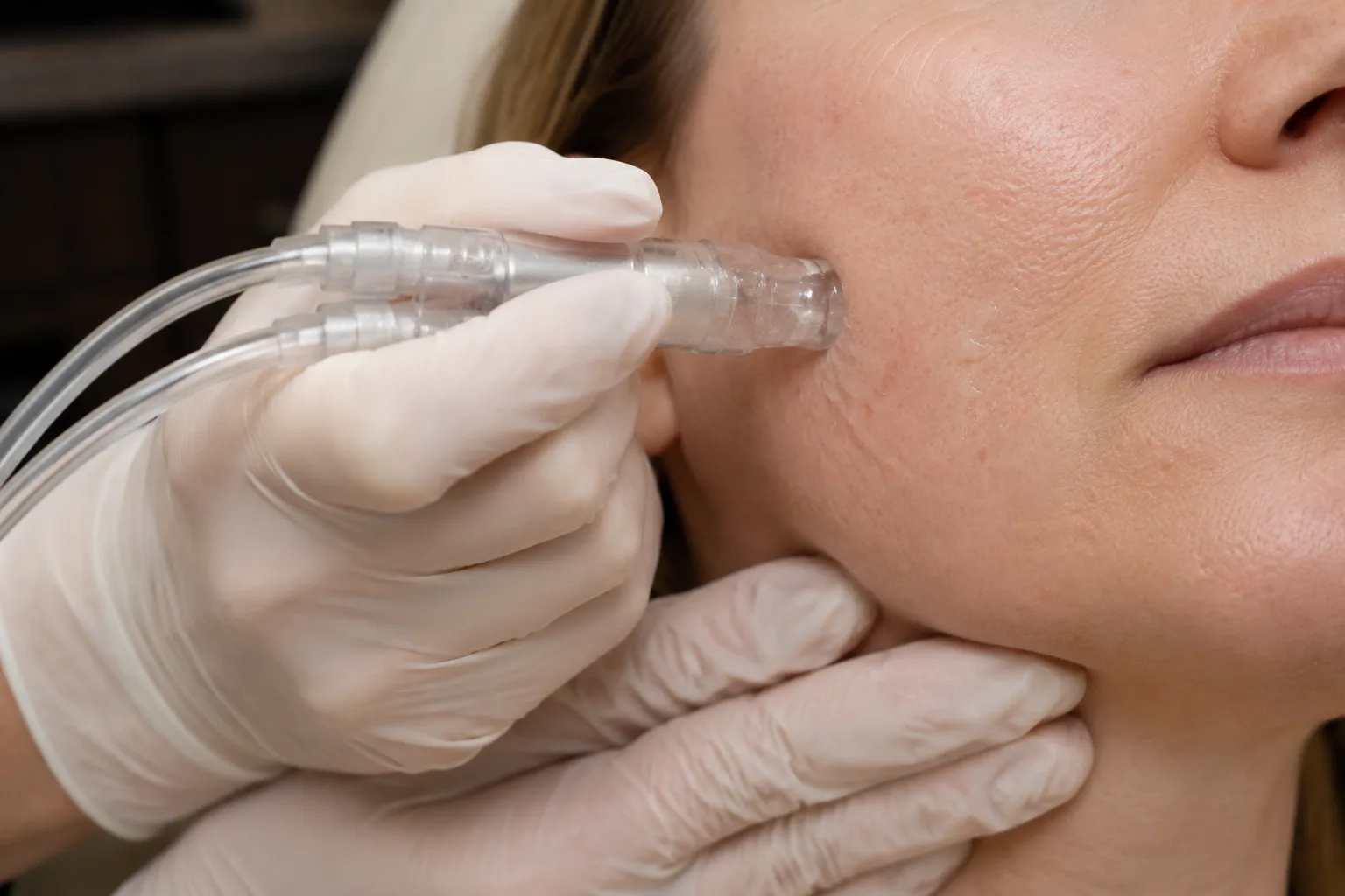 The hydrodermabrasion handpiece against a client's cheek, up close