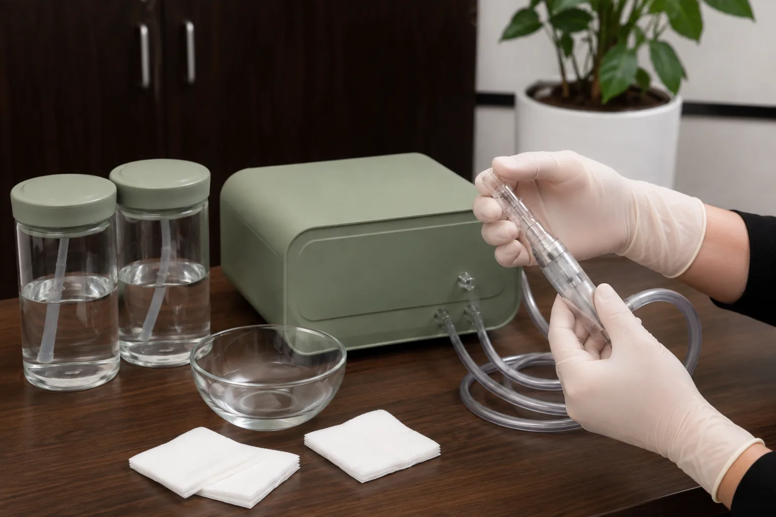 A hydrodermabrasion unit with its solution jars and handpiece