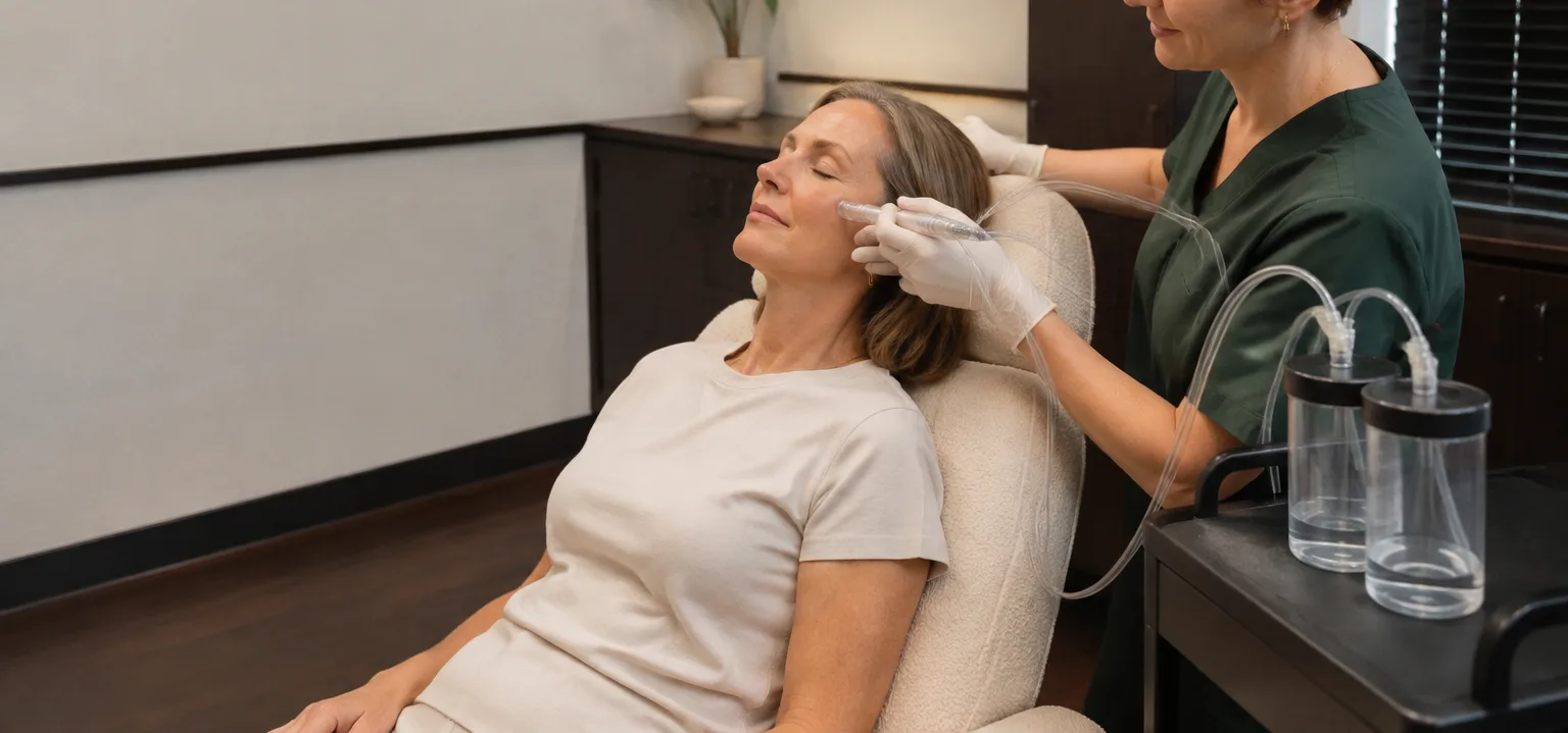 A hydrodermabrasion handpiece at a client's cheek