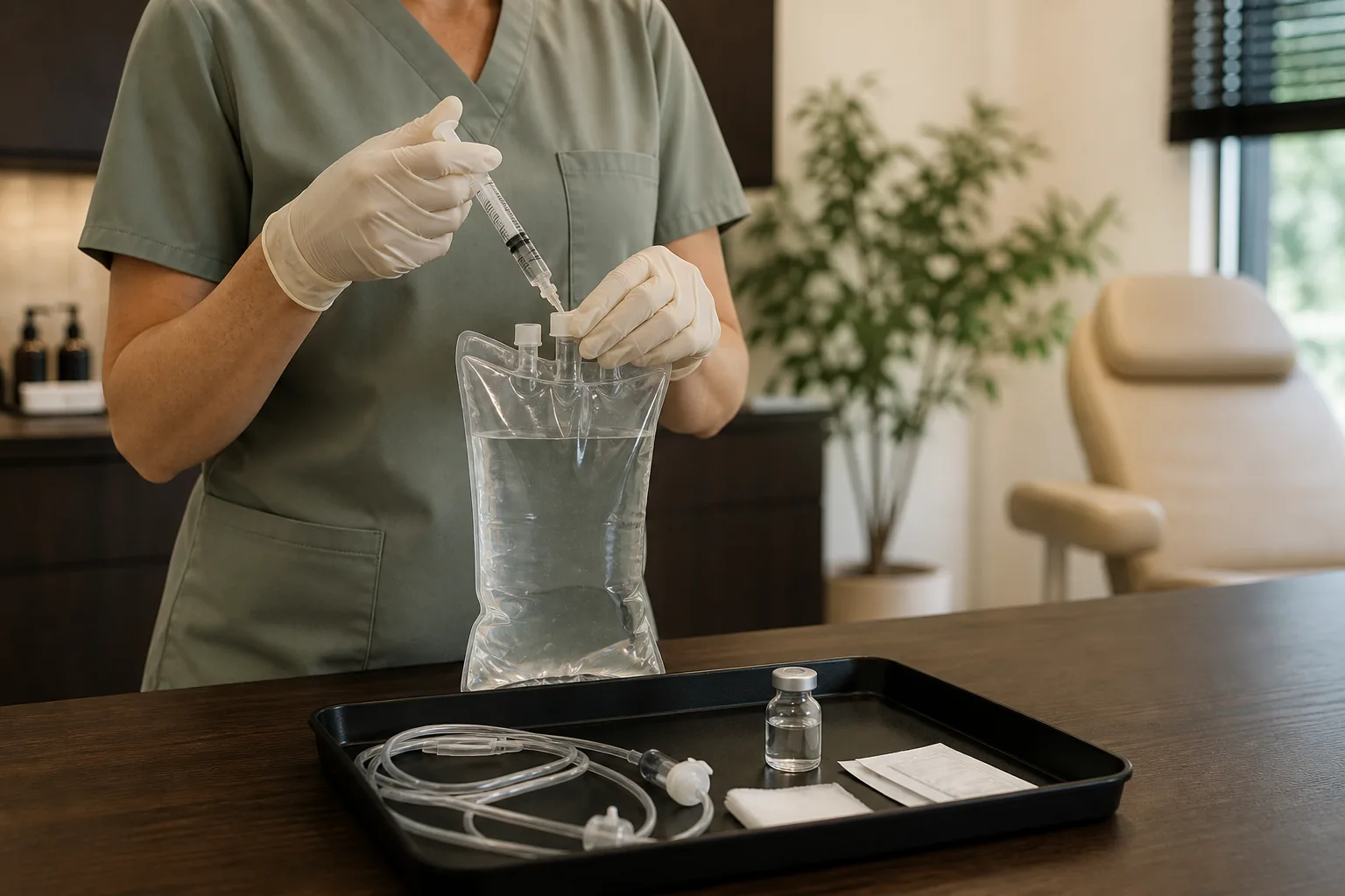 A practitioner preparing an IV drip bag over a tray