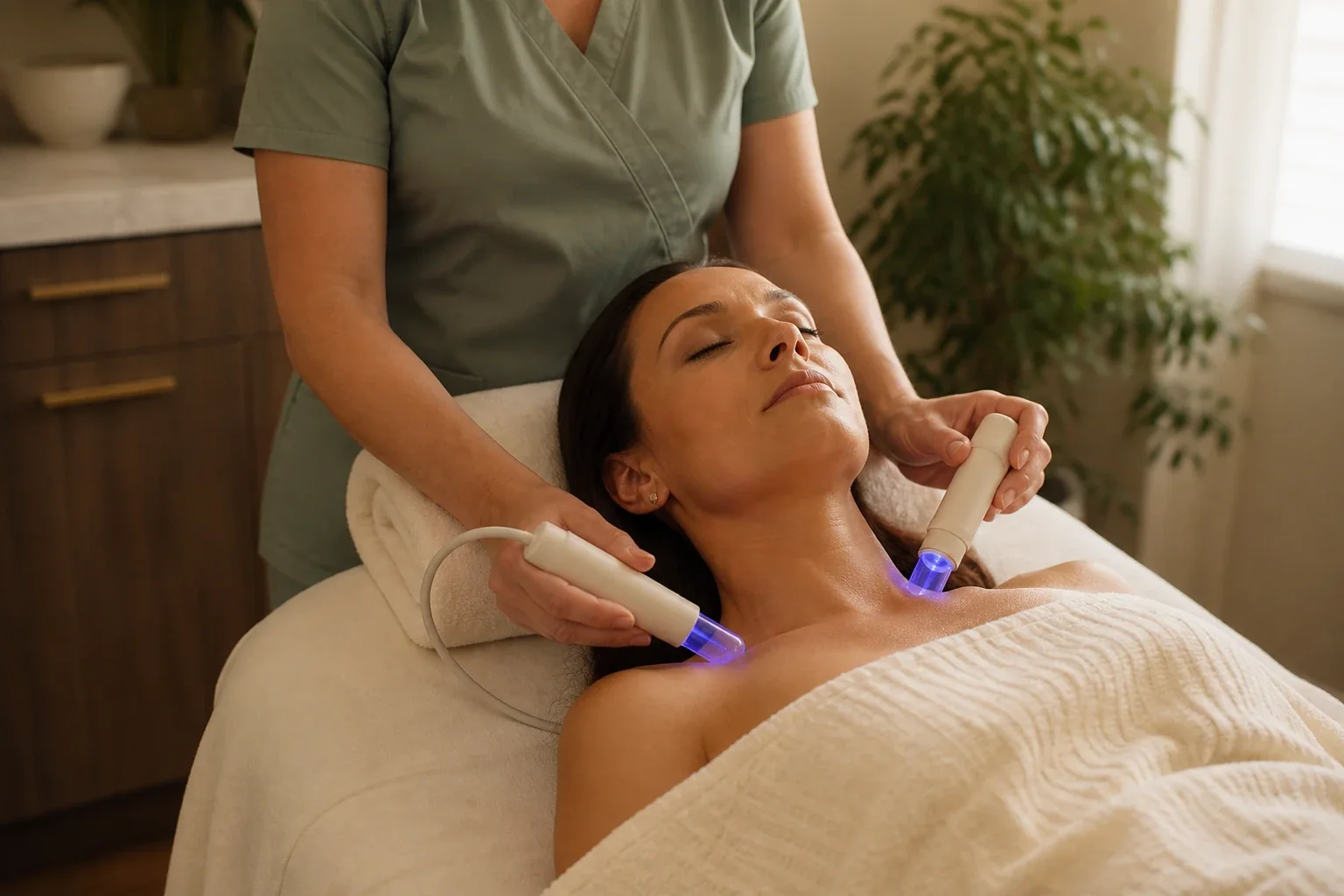 Illustration of a lymphatic drainage session &mdash; two wands worked along the neck and collarbone