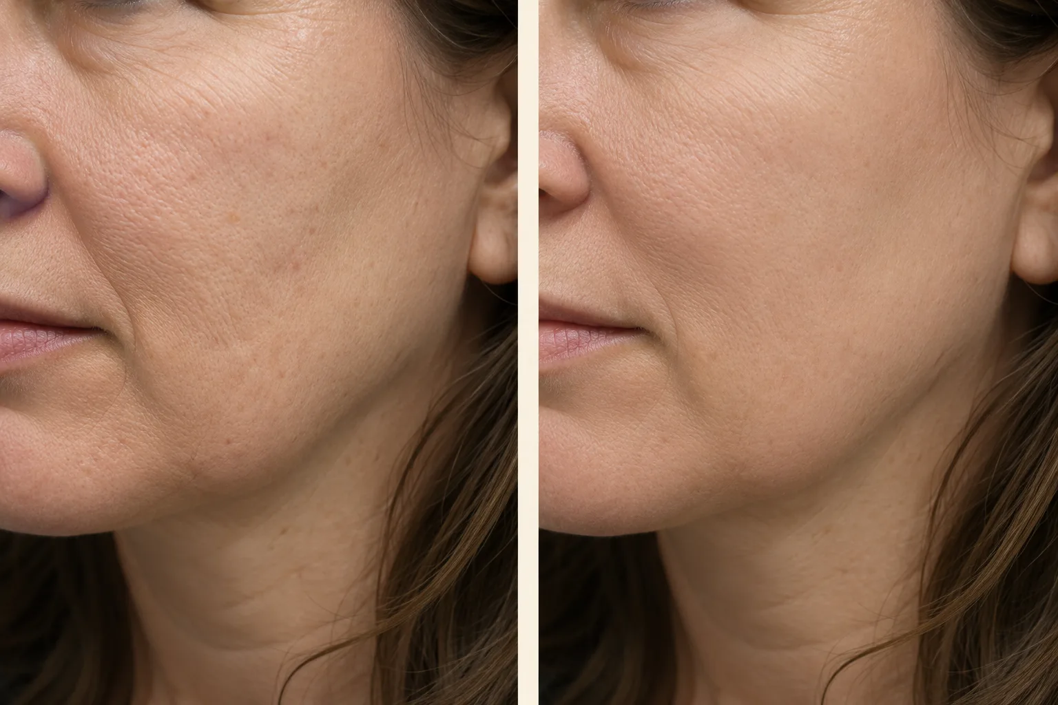 Before and after comparison of cheek skin texture