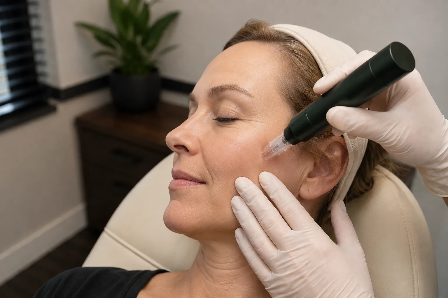 A microneedling pen held at a client's cheek