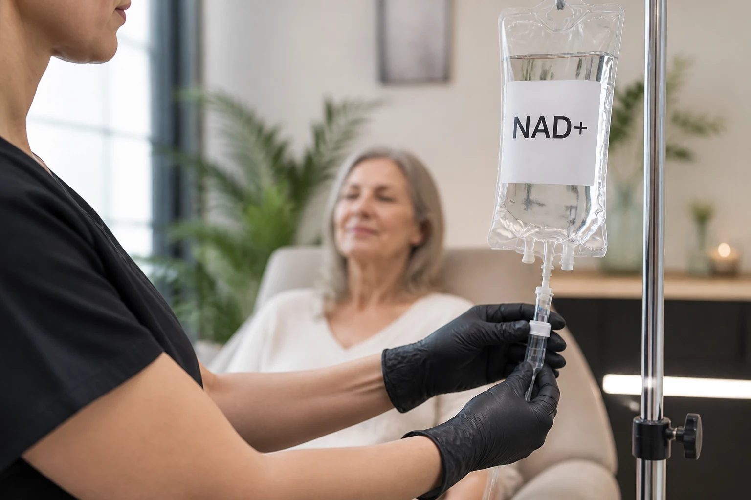 A practitioner checking an IV bag labeled NAD+ for a seated client