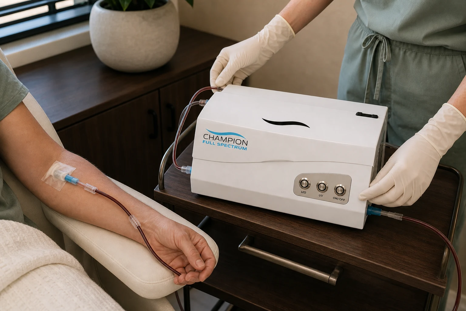 A Champion Full Spectrum UBI unit connected to a client's IV line during treatment