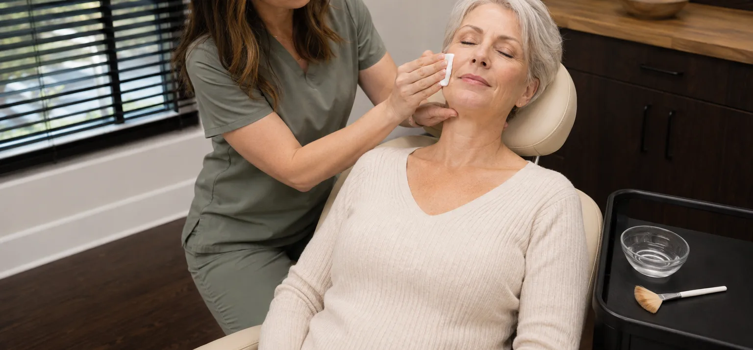 A cotton pad pressed gently to a client's cheek after a treatment