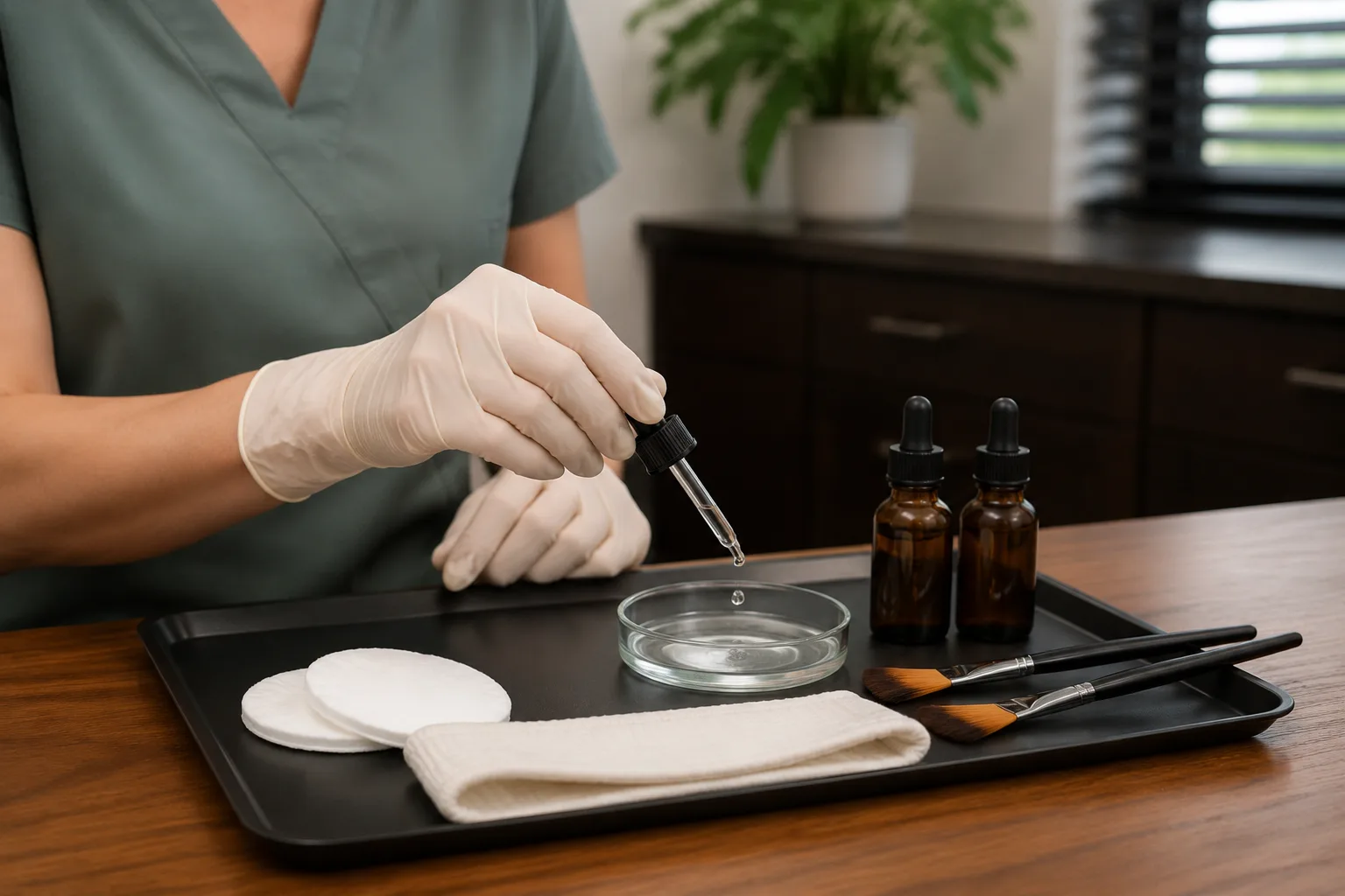 Dropper bottles and brushes prepared on a treatment tray