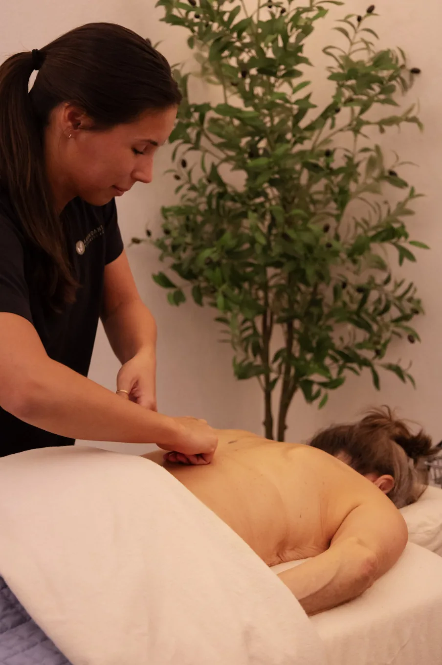 A practitioner working the essential oils down a draped client&rsquo;s spine during a Raindrop Therapy session