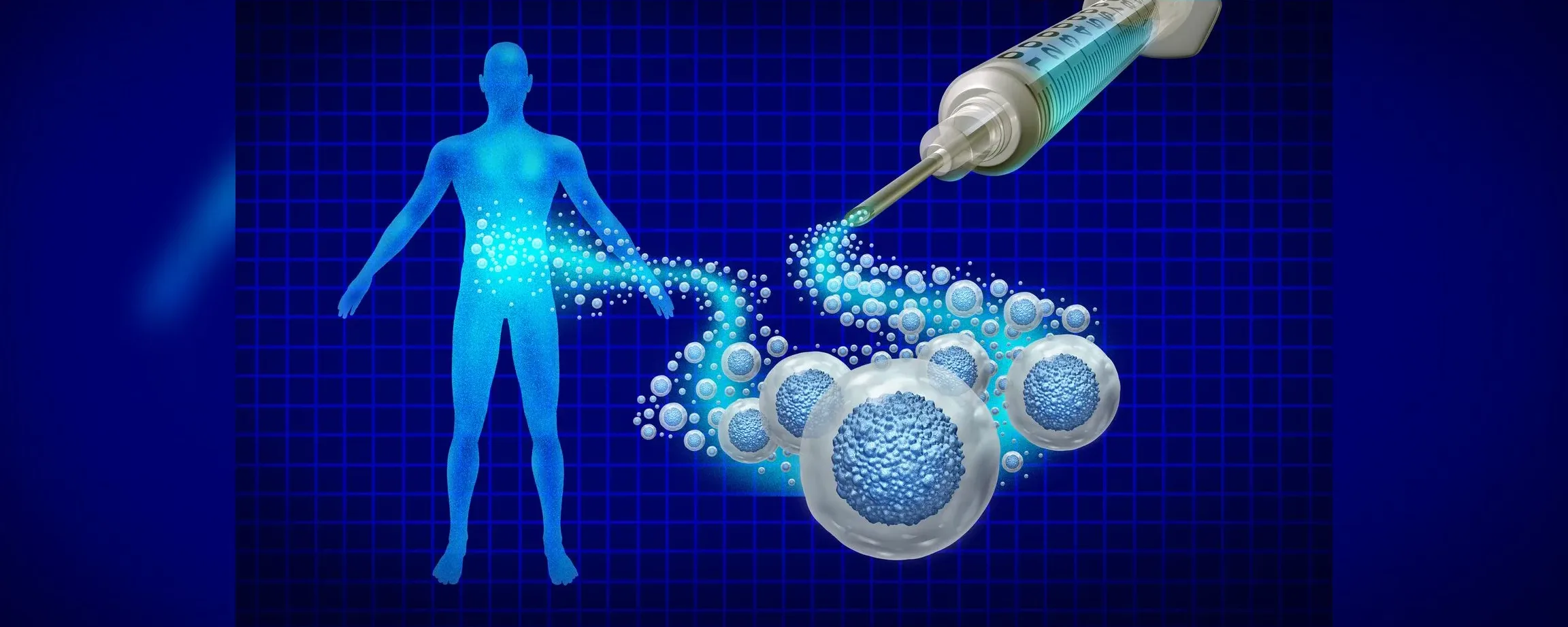 Illustration of stem cell therapy — cells released from a syringe travel toward a human figure