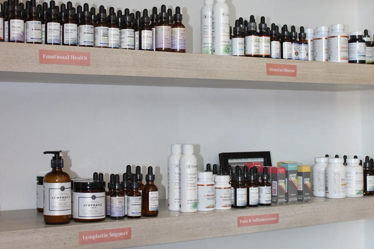 Retail shelves of tinctures and supplements under printed labels reading Emotional Health, General Illness, Lymphatic Support and Pain & Inflammation.